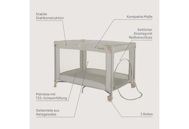 Reisebett AMELIE (Set, Reisebett / 2-cm-Matratze / Tragetasche) Kompakt/leicht/2cmMatratze/Seiteneingang/Netzseiten von Lionelo in Beige – Produktfoto 2 von 4