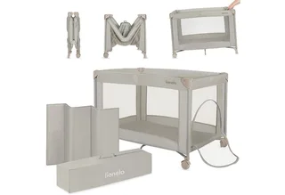 Reisebett AMELIE (Set, Reisebett / 2-cm-Matratze / Tragetasche) Kompakt/leicht/2cmMatratze/Seiteneingang/Netzseiten von Lionelo in Beige – Produktfoto 1 von 4