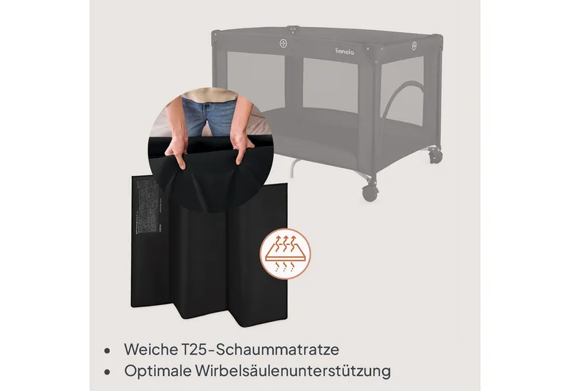 Reisebett AMELIE (Set, Reisebett / 2-cm-Matratze / Tragetasche) Kompakt/leicht/2cmMatratze/Seiteneingang/Netzseiten by Lionelo in Black – product photo 3 of 4