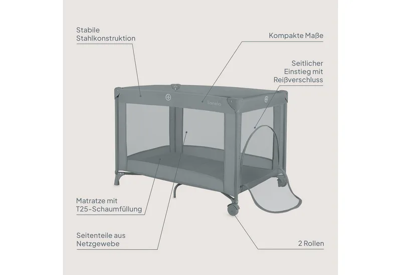 Reisebett AMELIE (Set, Reisebett / 2-cm-Matratze / Tragetasche) Kompakt/leicht/2cmMatratze/Seiteneingang/Netzseiten by Lionelo in Grey – product photo 2 of 4