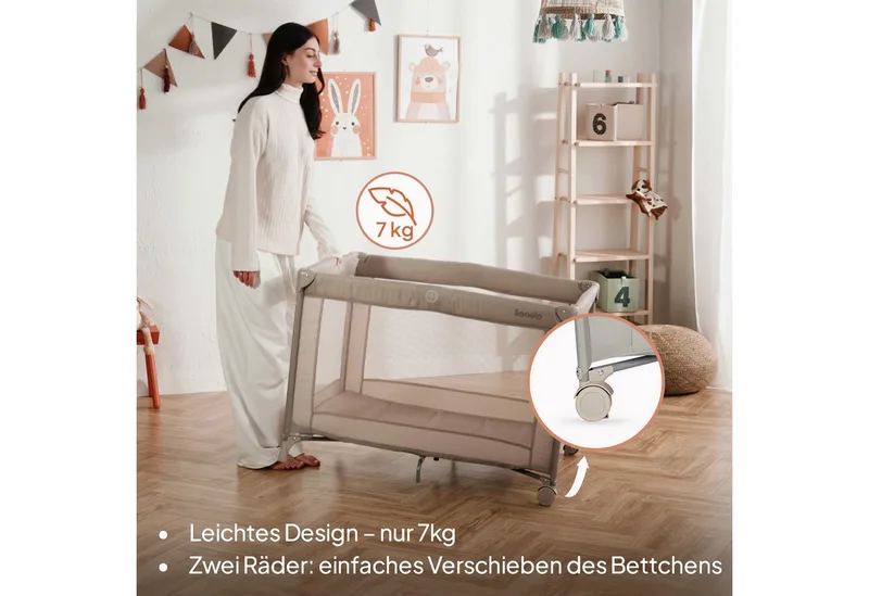 Reisebett AMELIE (Set, Reisebett / 2-cm-Matratze / Tragetasche) Kompakt/leicht/2cmMatratze/Seiteneingang/Netzseiten von Lionelo in Beige – Produktfoto 4 von 4