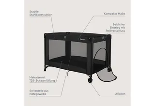Reisebett AMELIE (Set, Reisebett / 2-cm-Matratze / Tragetasche) Kompakt/leicht/2cmMatratze/Seiteneingang/Netzseiten by Lionelo in Black – product photo 2 of 4