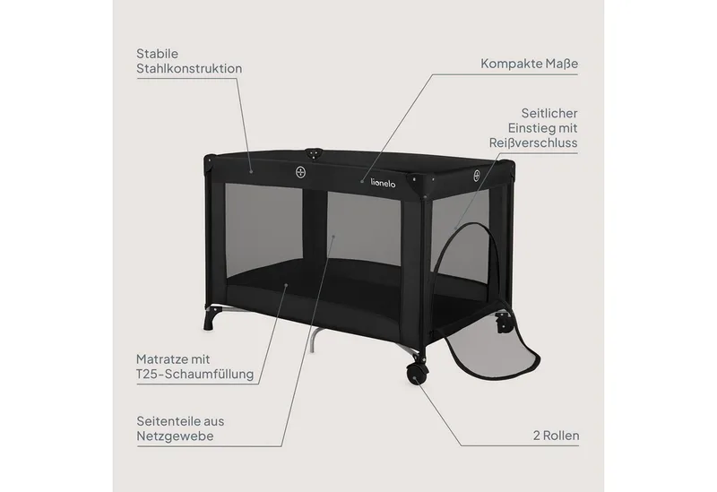 Reisebett AMELIE (Set, Reisebett / 2-cm-Matratze / Tragetasche) Kompakt/leicht/2cmMatratze/Seiteneingang/Netzseiten by Lionelo in Black – product photo 2 of 4