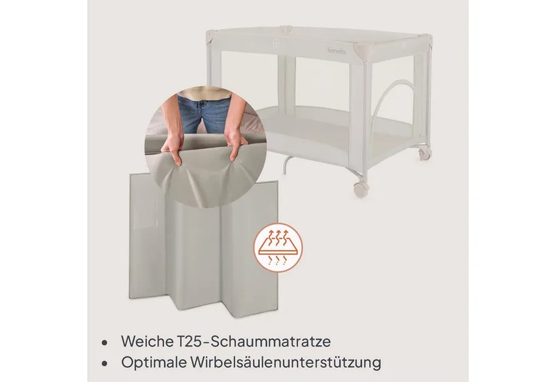 Reisebett AMELIE (Set, Reisebett / 2-cm-Matratze / Tragetasche) Kompakt/leicht/2cmMatratze/Seiteneingang/Netzseiten von Lionelo in Beige – Produktfoto 3 von 4
