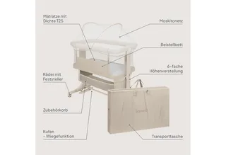 Reisebett JODIE (Set, 3-in-1-Bettchen: Beistellbett, freistehend und Wiege) 3-in-1/6 Höhenstufen/Wiegefunktion/4 Rollen mit Bremse by Lionelo in Beige – product photo 2 of 5