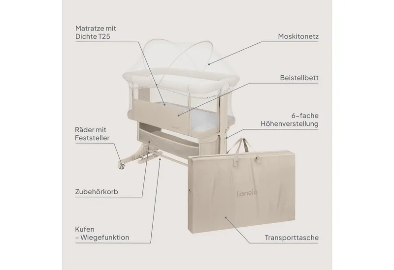 Reisebett JODIE (Set, 3-in-1-Bettchen: Beistellbett, freistehend und Wiege) 3-in-1/6 Höhenstufen/Wiegefunktion/4 Rollen mit Bremse by Lionelo in Beige – product photo 2 of 5