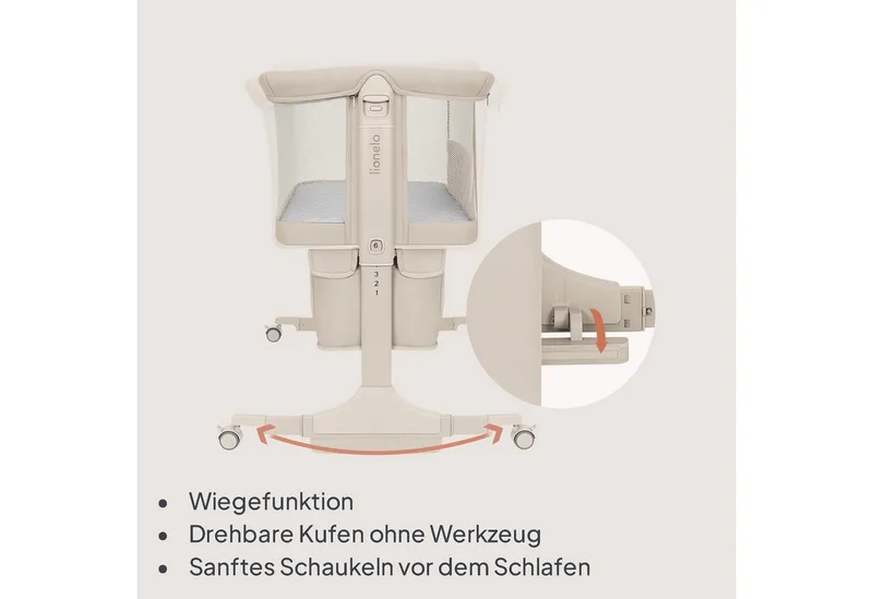 Reisebett JODIE (Set, 3-in-1-Bettchen: Beistellbett, freistehend und Wiege) 3-in-1/6 Höhenstufen/Wiegefunktion/4 Rollen mit Bremse by Lionelo in Beige – product photo 5 of 5