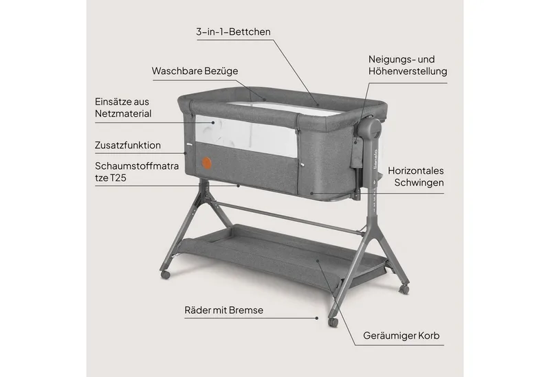 Reisebett LEONIE PLUS (Set, Set) SUPER Babytragetasche, Wiege, freistehendes Babybett by Lionelo in Grey Stone – product photo 2 of 4