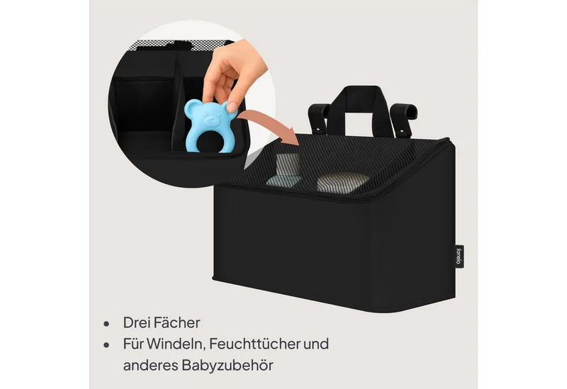 Sidepocket Medium – Bedside Pocket Wiegorganizer 43×15×23 cm – 3 ritsvakken & handvat – Voor reisbed, co-sleeper & box – Verstevigd, multifunctioneel & afneembaar by Lionelo in Black – product photo 2 of 5