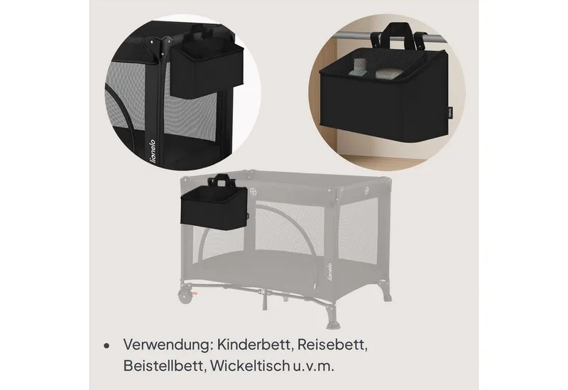 Sidepocket Medium – Bedside Pocket Wiegorganizer 43×15×23 cm – 3 ritsvakken & handvat – Voor reisbed, co-sleeper & box – Verstevigd, multifunctioneel & afneembaar by Lionelo in Black – product photo 3 of 5