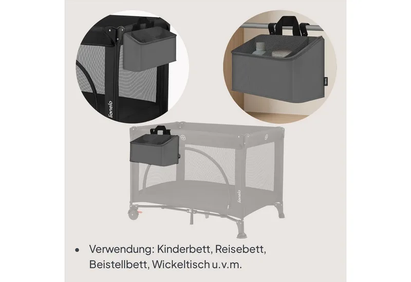 Sidepocket Medium – Bedside Pocket Wiegorganizer 43×15×23 cm – 3 ritsvakken & handvat – Voor reisbed, co-sleeper & box – Verstevigd, multifunctioneel & afneembaar von Lionelo in Grau – Produktfoto 3 von 5