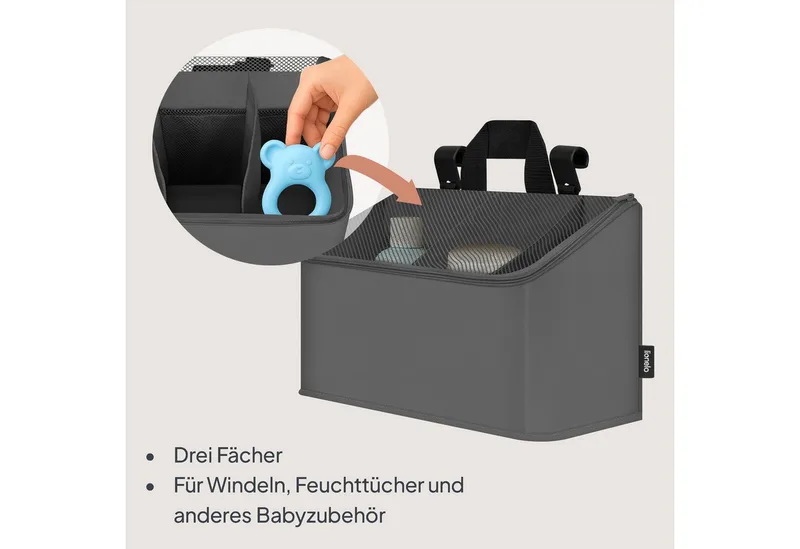 Sidepocket Medium – Bedside Pocket Wiegorganizer 43×15×23 cm – 3 ritsvakken & handvat – Voor reisbed, co-sleeper & box – Verstevigd, multifunctioneel & afneembaar von Lionelo in Grau – Produktfoto 2 von 5
