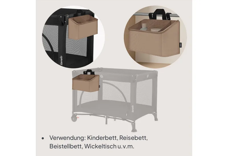 Sidepocket Medium – Bedside Pocket Wiegorganizer 43×15×23 cm – 3 ritsvakken & handvat – Voor reisbed, co-sleeper & box – Verstevigd, multifunctioneel & afneembaar by Lionelo in Beige – product photo 3 of 5