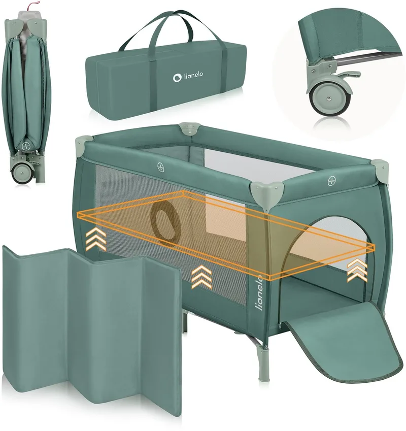 Stefi Plus - Campingbedje 2in1 - Meegroeibed - Reisbedje en box voor kinderen tot 15 kg - Zijrtis - Hoogwaardige schuimmatras - Snel opvouwbaar de Lionelo en Groen – photo produit