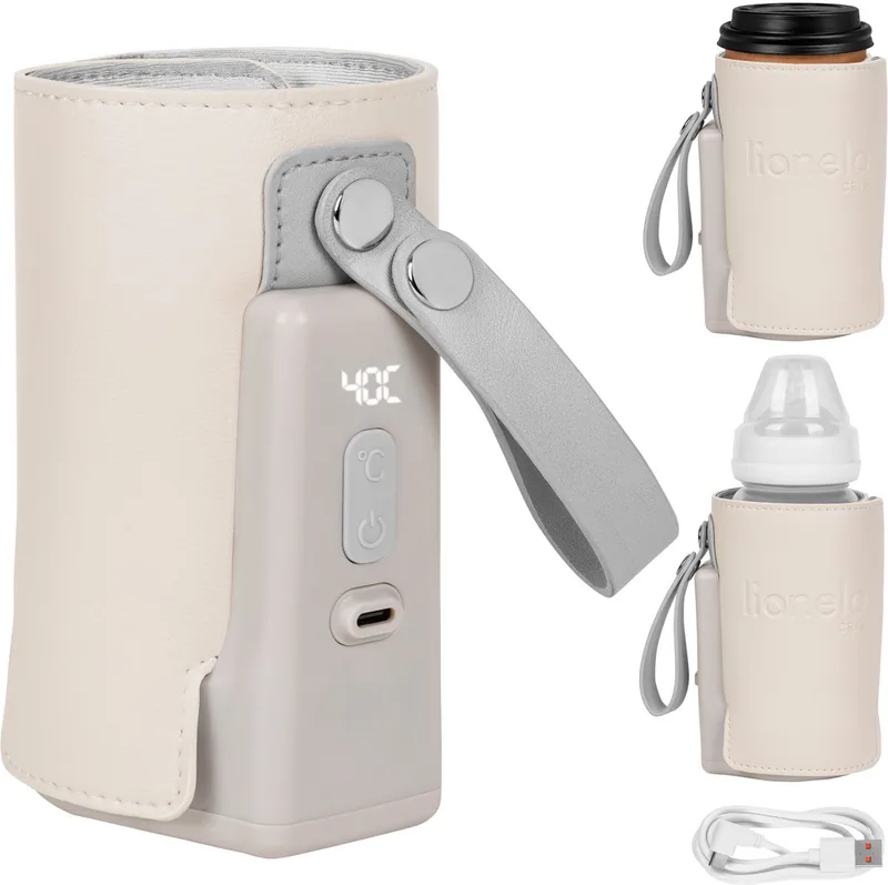 Thermup Go Plus Draagbare Flessenwarmer – 3000 mAh Accu – Tot 8 Uur Draadloos Gebruik – 5 Temperatuurstanden 38-50°C – USB-C Oplaadbaar – Thermostaat tegen Oververhitting – Voor Flessen 52-70 mm – BPA Vrij by Lionelo in Beige – product photo
