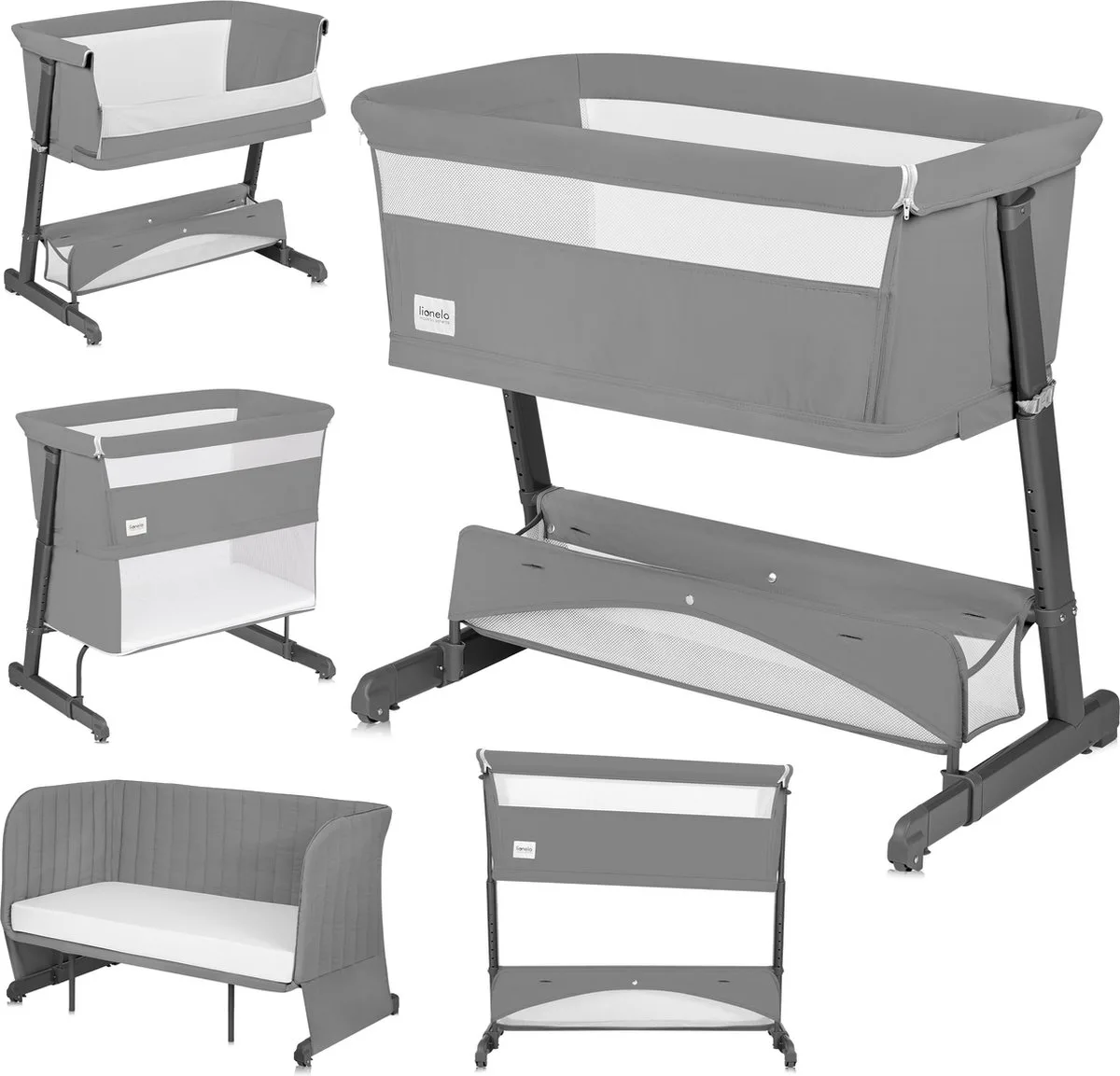 Thomi Plus 5in1 - Meegroeibed: Co Sleeper + Babybed + Baby Box + Peuterbed + Bank - met 7 hoogtes - 2x matrassen T25 - Verstelbare Poten - Ademend & Afritsbare Zijkant - Opbergmand - Wielen - Wasbare Bekleding - tot 100 kg - Peuter Kinder Bed by Lionelo in Grey – product photo