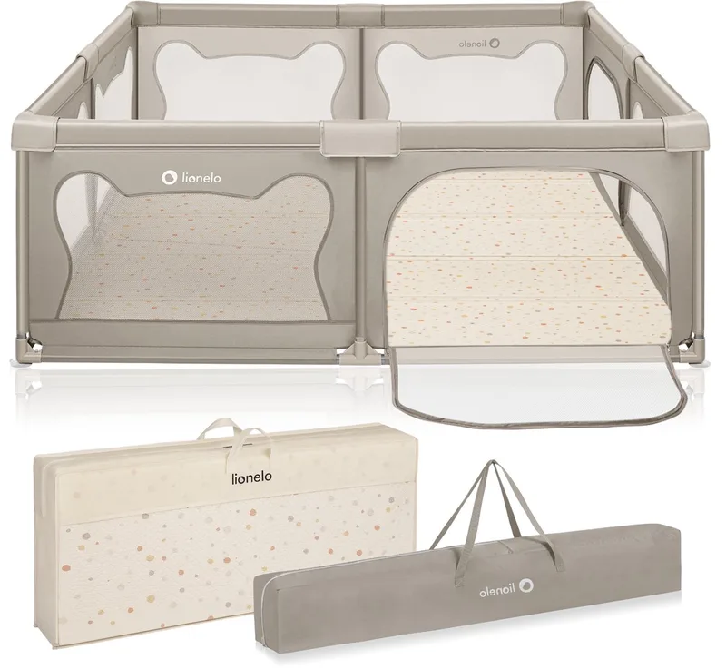 Willow Grondbox XL 187x207 cm + Foam Speelkleed 180×200 cm - voor Binnen & Buiten - Grote - Veilige - Antislip & Twee Zij-ingangen - Inclusief Draagtas - Baby Box + Speelkleed - 0 48 maanden från Lionelo i Beige – produktbild
