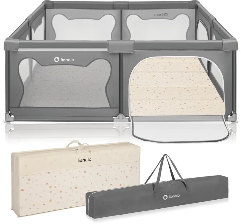 Willow Grondbox XL 187x207 cm + Foam Speelkleed 180×200 cm - voor Binnen & Buiten - Grote - Veilige - Antislip & Twee Zij-ingangen - Inclusief Draagtas - Baby Box + Speelkleed - 0 48 maanden från Lionelo i Grijs – produktbild