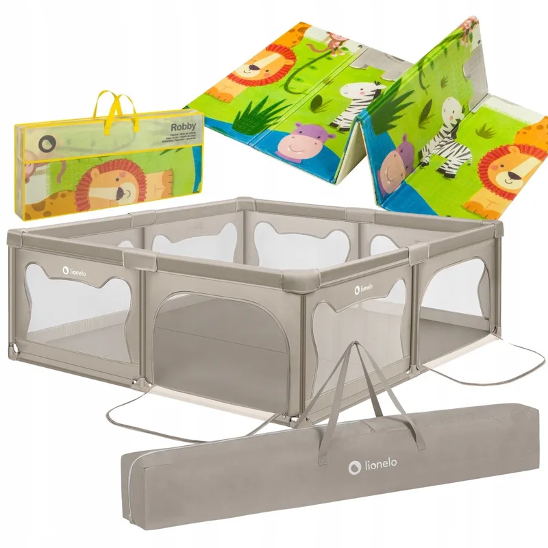 Willow Grondbox XL + Bijpassende Speelmat - 187x207 cm - voor Binnen & Buiten - Grote - Veilige - Antislip & Twee Zij-ingangen - Inclusief Draagtas - Baby Box + Speelkleed - 0 48 maanden från Lionelo i Beige – produktbild
