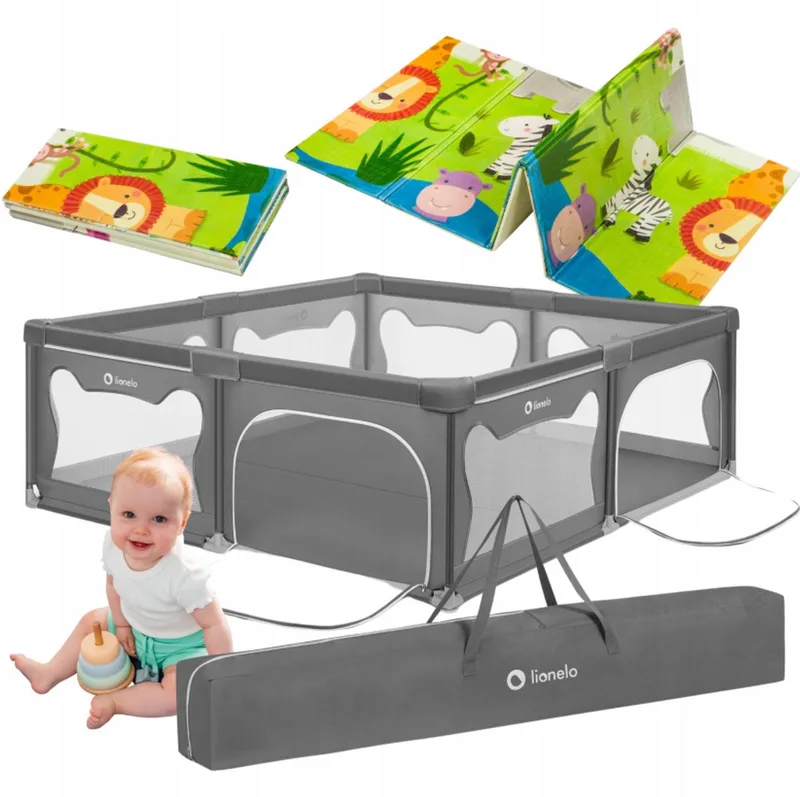 Willow Grondbox XL + Bijpassende Speelmat - 187x207 cm - voor Binnen & Buiten - Grote - Veilige - Antislip & Twee Zij-ingangen - Inclusief Draagtas - Baby Box + Speelkleed - 0 48 maanden från Lionelo i Grijs – produktbild