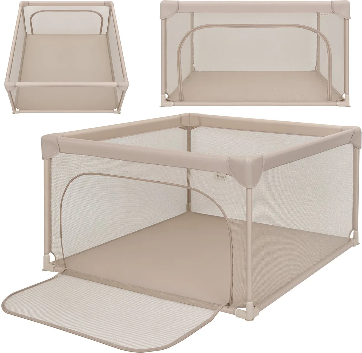 Willow Mini Babybox – Extra Ruime Kinderbox 126 × 126 cm – Vanaf Geboorte tot 48 Maanden – Zij-ingang met Ritssluiting – Ademende Gaaswanden – Stevig Stalen Frame – Montage Zonder Gereedschap – Lichtgewicht 5,8 kg – Zachte Beschermranden van Lionelo in Beige – productfoto
