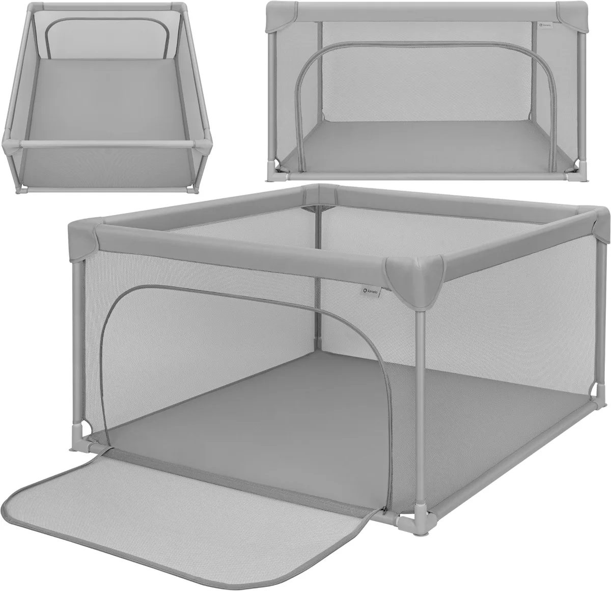 Willow Mini Babybox – Extra Ruime Kinderbox 126 × 126 cm – Vanaf Geboorte tot 48 Maanden – Zij-ingang met Ritssluiting – Ademende Gaaswanden – Stevig Stalen Frame – Montage Zonder Gereedschap – Lichtgewicht 5,8 kg – Zachte Beschermranden by Lionelo in Grey – product photo