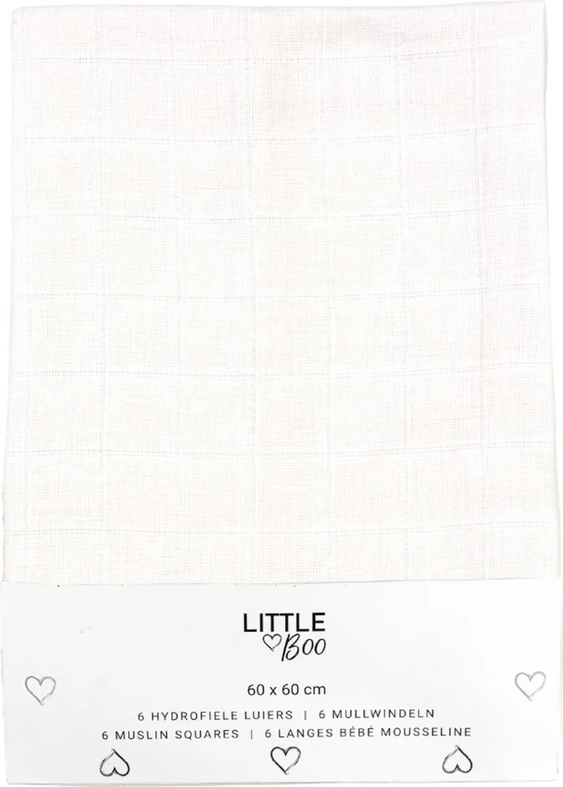 Hydrofiele Luiers – 6 Stuks – 60x60 cm – 100% Katoen – Uni van Little Boo in Wit – productfoto 1 van 4