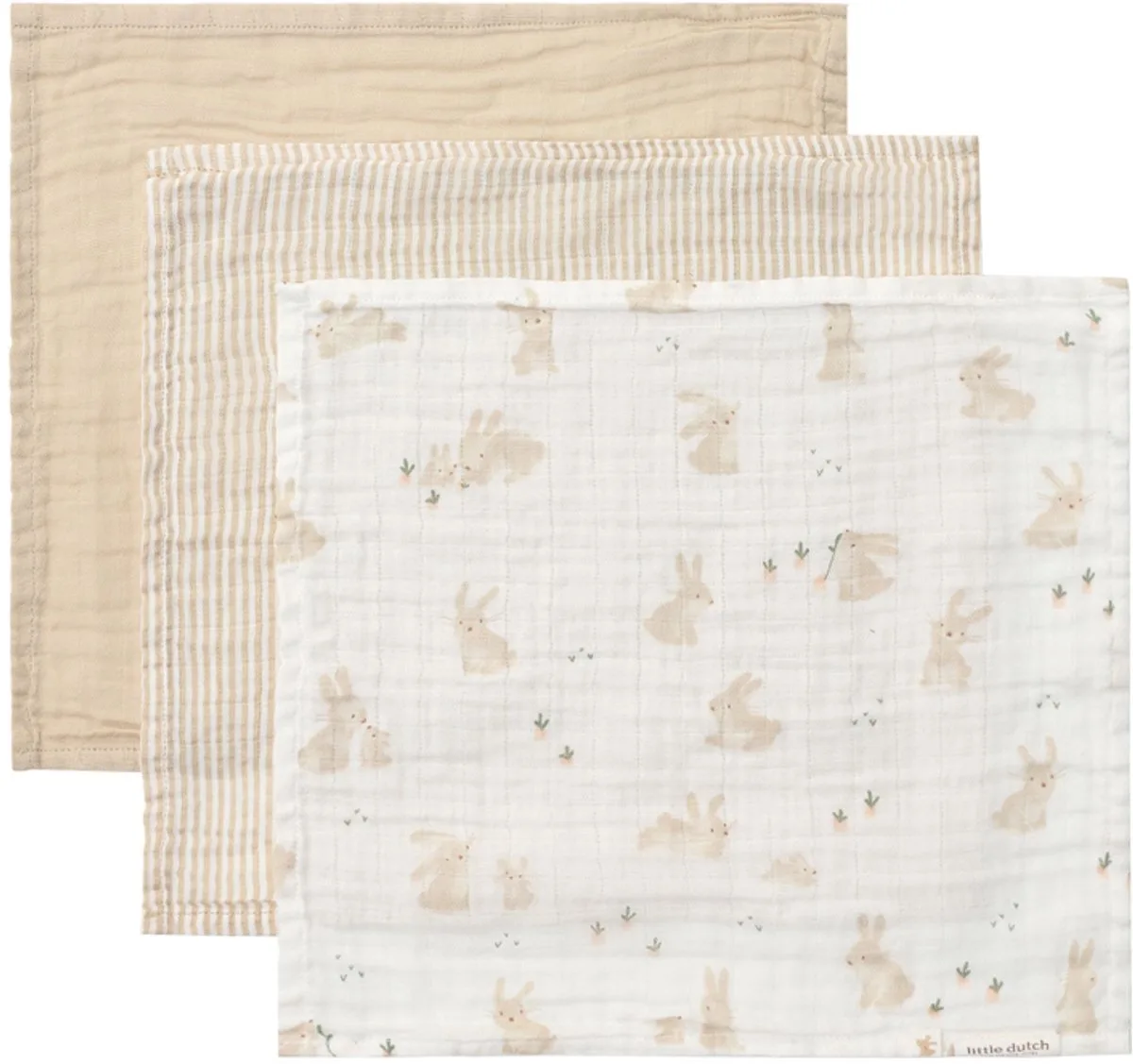 Baby Bunny Monddoekjes - 3 Stuks - 25 x 25 cm van Little Dutch in Beige – productfoto
