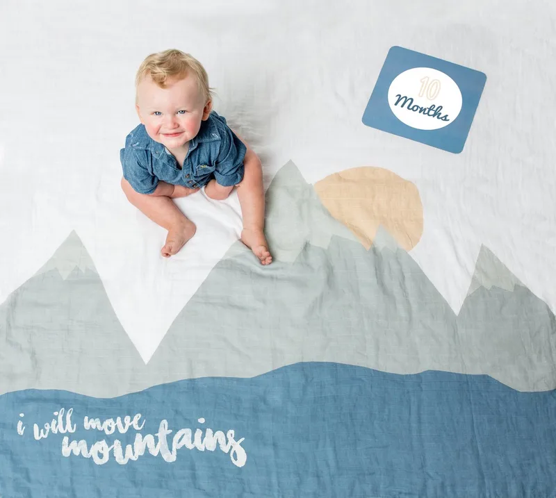 Baby's First Year - swaddle & cards - I will move mountains by Lulujo in White, Blue, Green – product photo