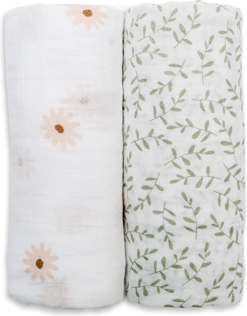 hydrofiele doek - swaddle - katoen - 100x100 cm - 2-pack - Daisies & Greenery by Lulujo in White – product photo