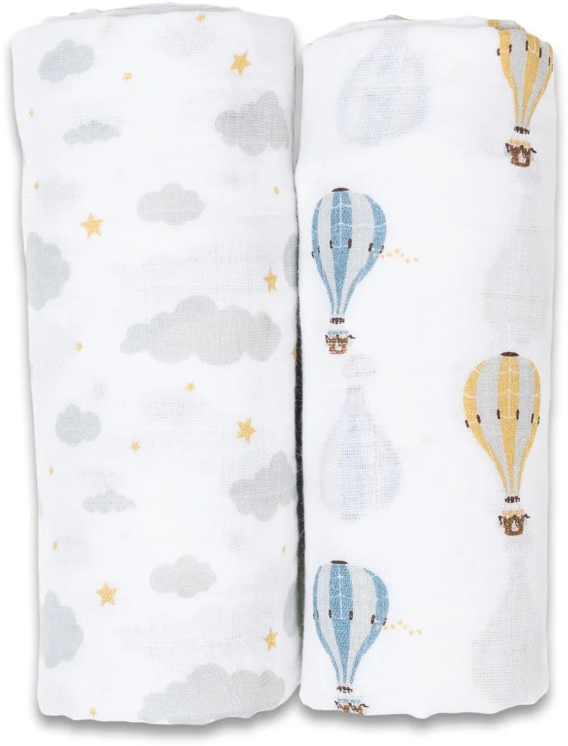 Hydrofiele Doek - Swaddle - Katoen - 100x100 cm - 2-pack - Hot Air Balloon - Kraamcadeaus - Babydekens - Babycadeaus - Tetradoeken - Zwangerschapscadeau de Lulujo en Blauw & Wit & Geel – photo produit
