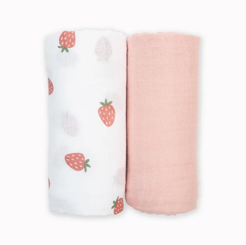 Hydrofiele Doek - Swaddle - Katoen - 100x100 cm - 2-pack - Strawberries & Pink - Kraamcadeaus - Babydekens - Babycadeaus - Tetradoeken - Zwangerschapscadeau de Lulujo en Wit & Roze – photo produit