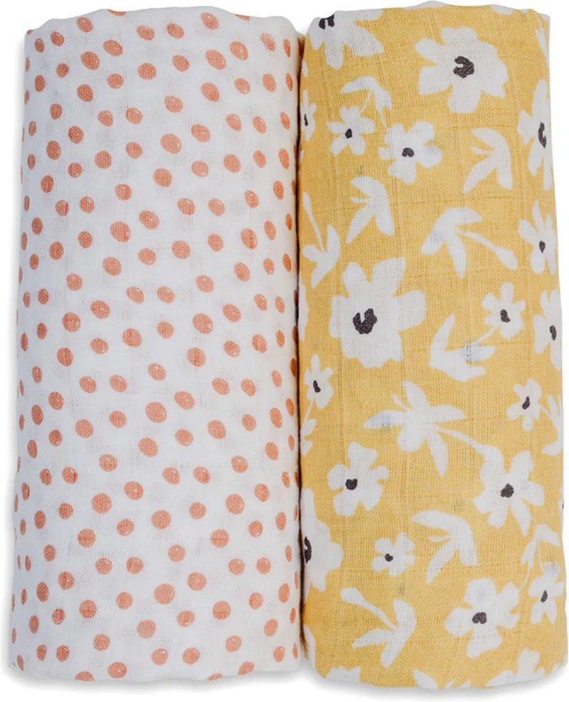 hydrofiele doek - swaddle - katoen - 100x100 cm - 2-pack - Yellow Wildflowers & Dots by Lulujo in White – product photo