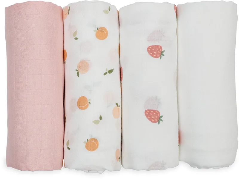 Hydrofiele Doeken - Swaddle - Bamboo - 120x120 cm - 4-pack - Berries & Peaches - Kraamcadeaus - Babydekens - Babycadeaus - Tetradoeken - Zwangerschapscadeau by Lulujo in Wit & roze – product photo
