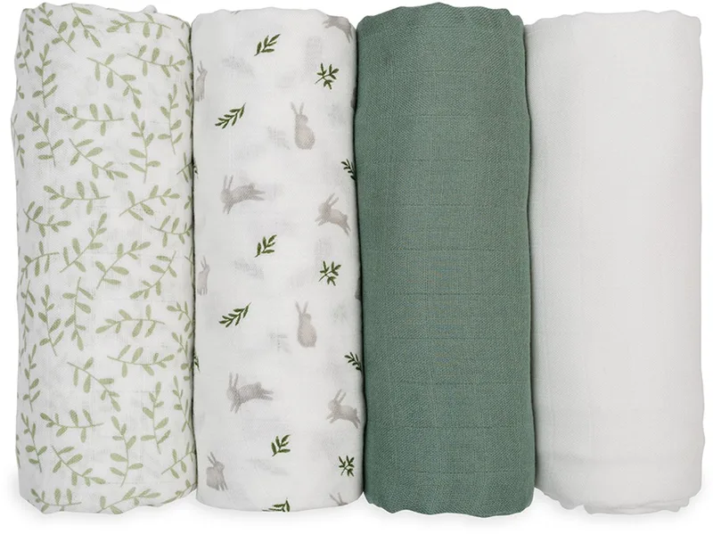 Hydrofiele Doeken - Swaddle - Bamboo - 120x120 cm - 4-pack - Fern & Bunnies Kraamcadeaus - Babydekens - Babycadea - Tetradoeken - Zwangerschapscadeau by Lulujo in Wit & blauw – product photo