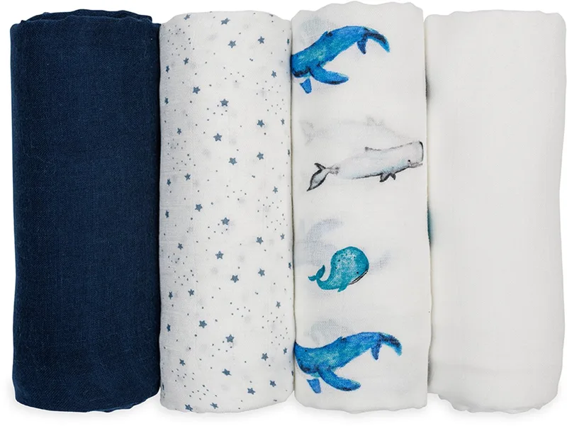 Hydrofiele Doeken - Swaddle - Bamboo - 120x120 cm - 4-pack - Whales & Stars - Kraamcadeaus - Babydekens - Babycadeaus - Tetradoeken - Zwangerschapscadeau de Lulujo en Wit & blauw – photo produit