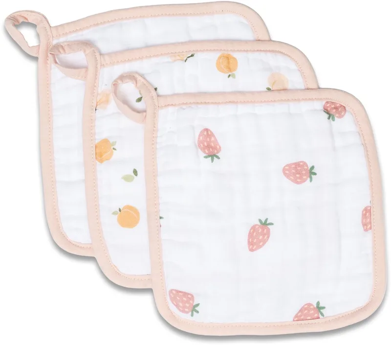 Mousseline Washandjes - 3-pack - Strawberry & Peaches fra Lulujo i Roze & Wit – produktbillede