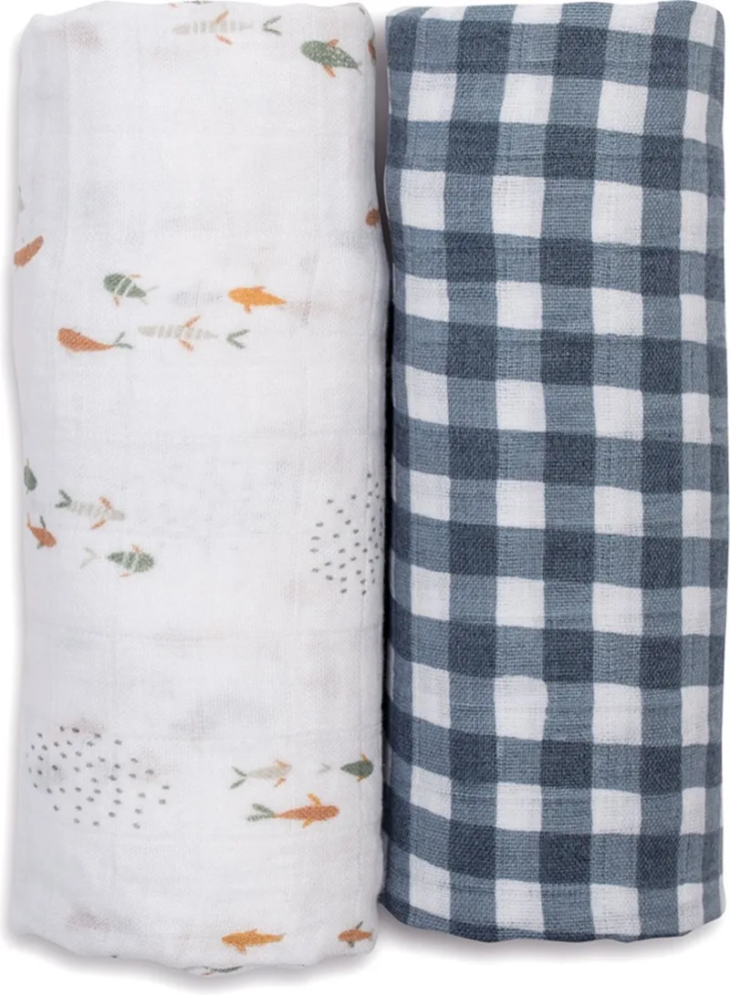 swaddle 100x100 2-pack - Fish & Navy Gingham by Lulujo in Blue – product photo