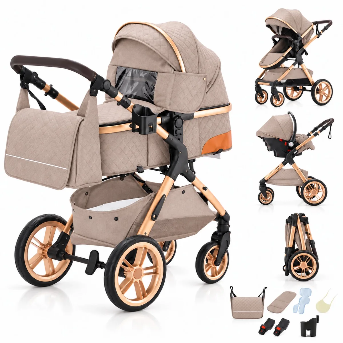 Elin Kinderwagen 3 in 1 - Buggy met Autostoel - Wandelwagen - Premium Uitvoering - Inclusief Accessoires - Kaki van Lunola in Elin – Kaki – productfoto