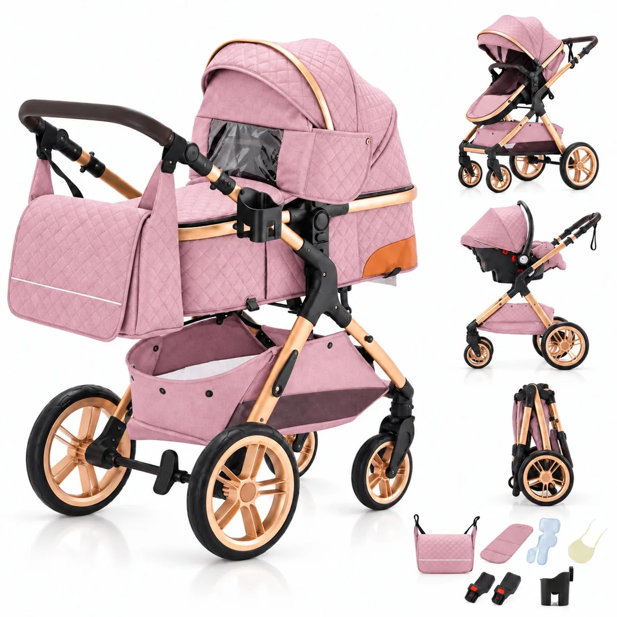 Elin Kinderwagen 3 in 1 - Buggy met Autostoel - Wandelwagen - Premium Uitvoering - Inclusief Accessoires - Roze van Lunola in Elin Roze – productfoto