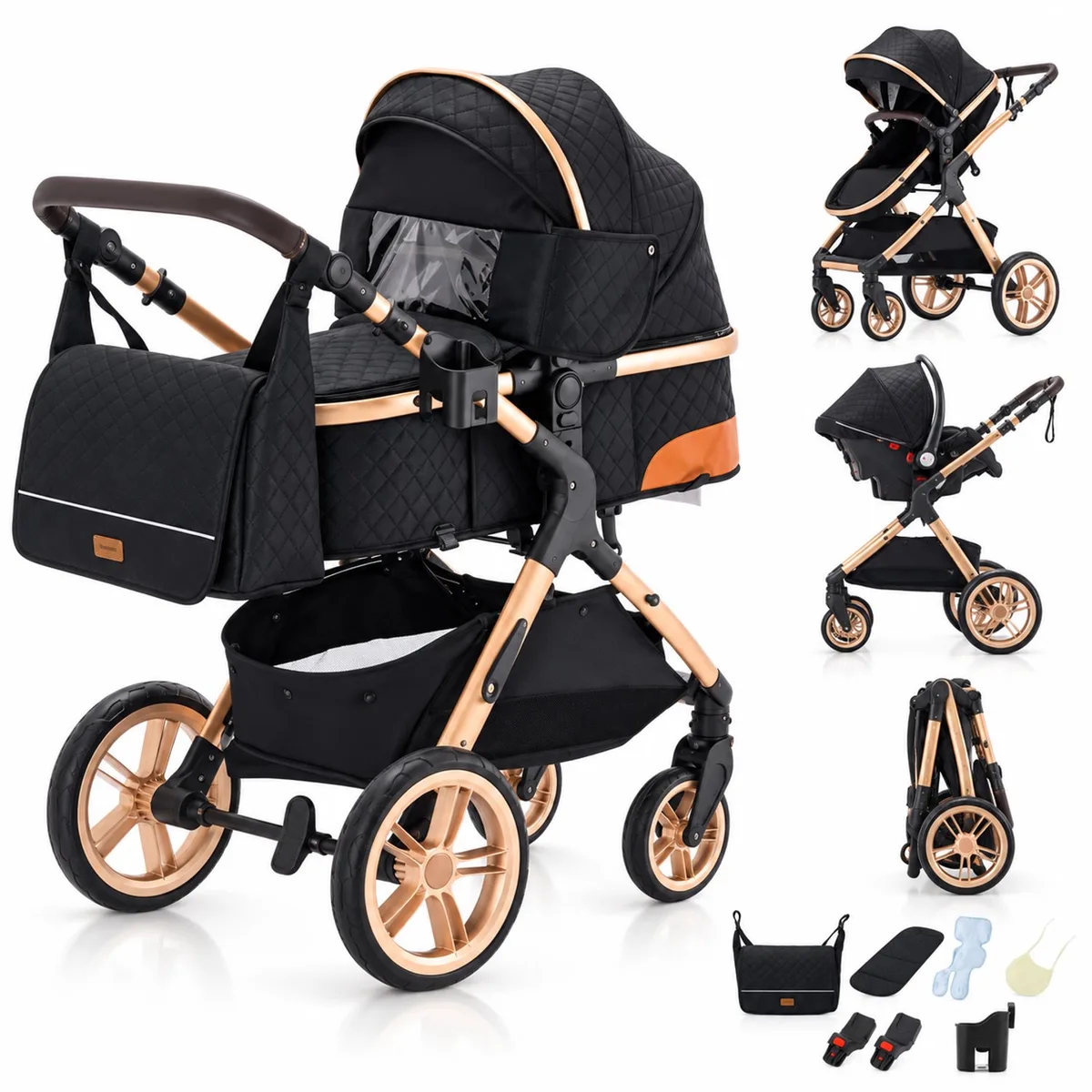 Elin Kinderwagen 3 in 1 - Buggy met Autostoel - Wandelwagen - Premium Uitvoering - Inclusief Accessoires - Zwart Goud de Lunola en Elin – Zwart – photo produit