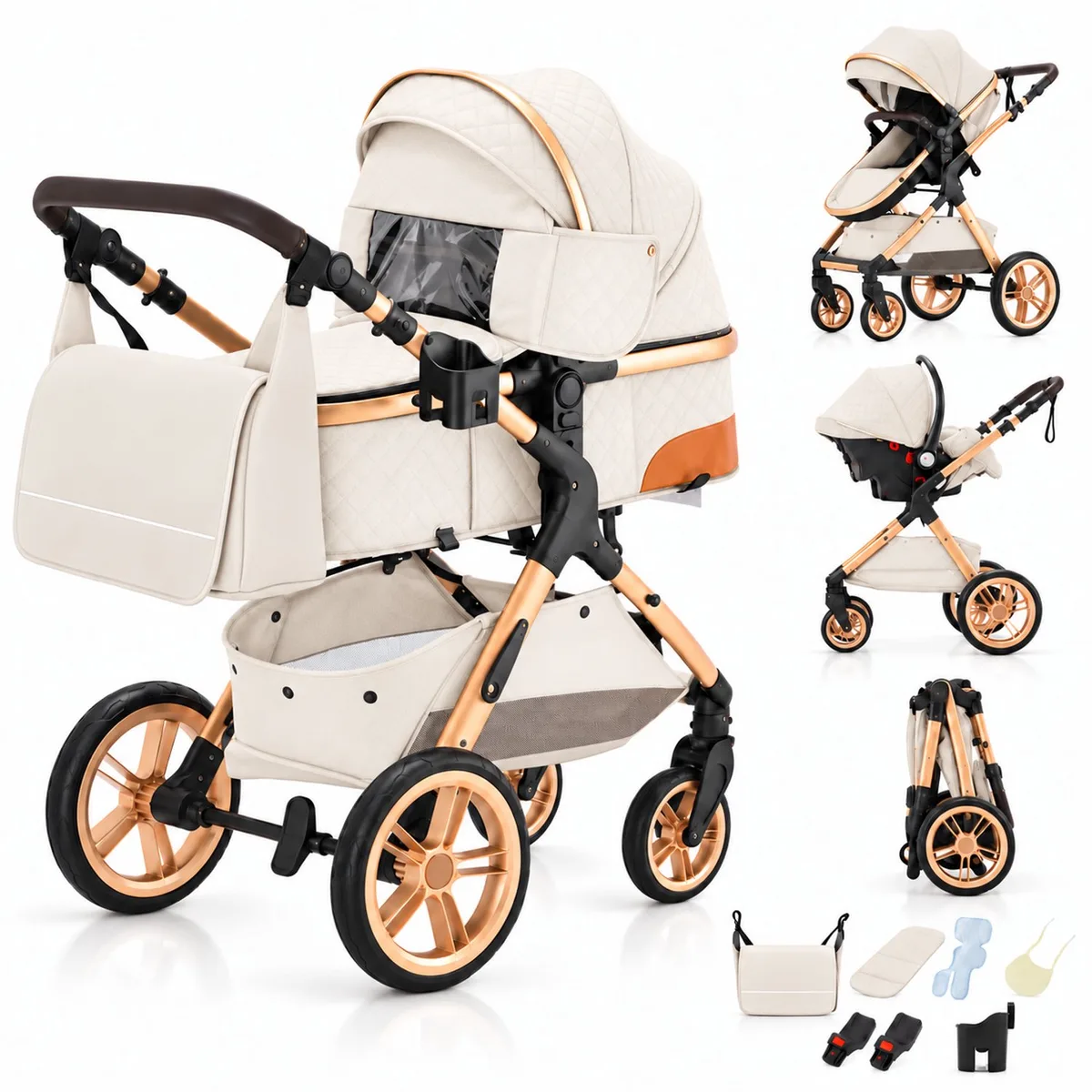 Elin Kinderwagen 3 in 1 - Buggy met Autostoel - Wandelwagen - Premium Uitvoering - Inclusief Accessoires - Wit by Lunola in Elin – Wit – product photo