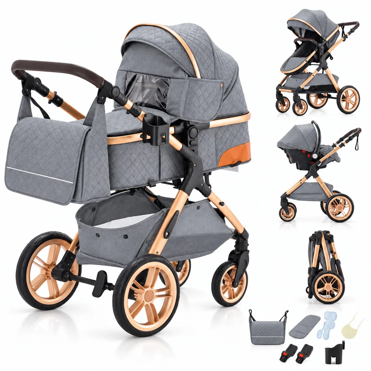 Elin Kinderwagen 3 in 1 - Buggy met Autostoel - Wandelwagen - Premium Uitvoering - Inclusief Accessoires - Grijs van Lunola in Elin – Grijs – productfoto