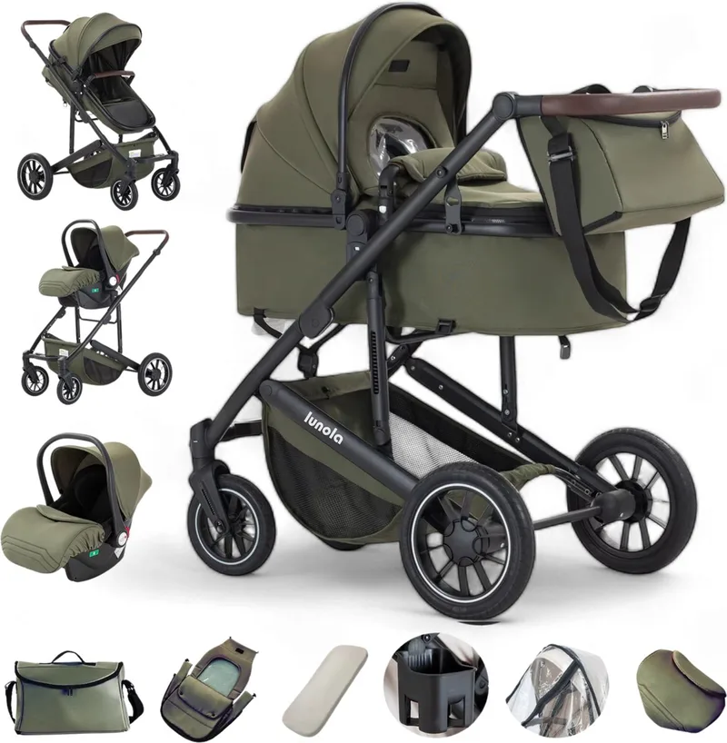 Luna - Kinderwagen 3-in-1 - incl. autostoel - 0-22kg - XXL - Wandelwagen - Multifunctionele Buggy 3in1 - Groen van Lunola in Luna – Groen – productfoto