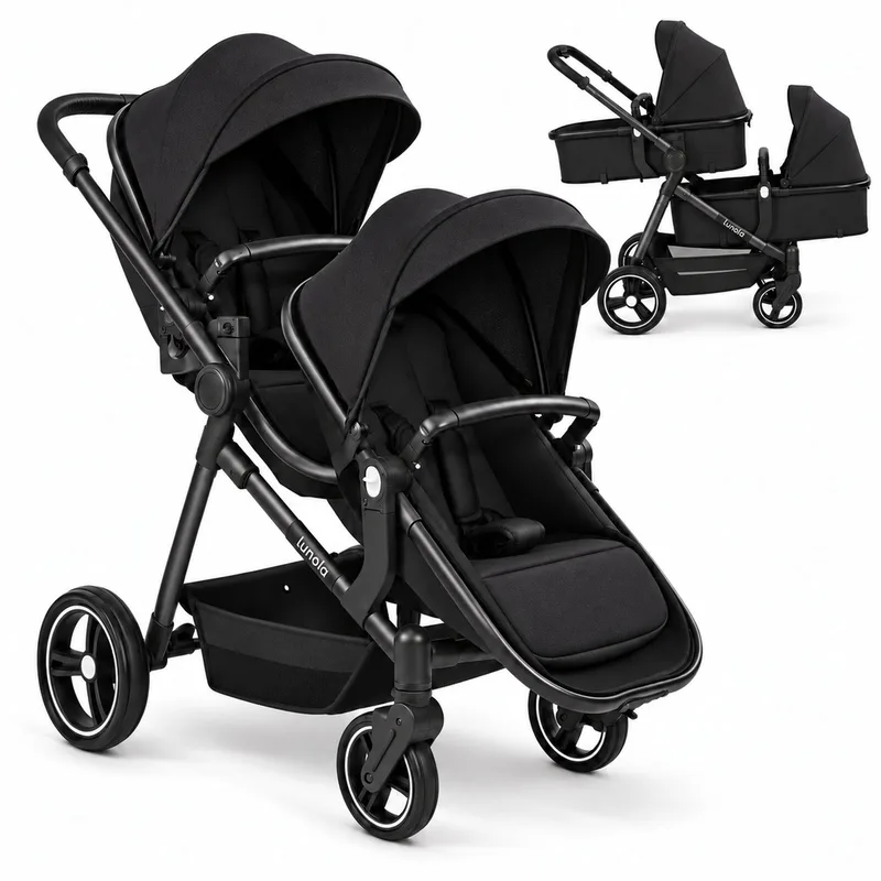Noah Duo Kinderwagen - Dubbele Buggy voor Tweeling of Baby en Peuter - Afneembaar Zitje - Compact en Opvouwbaar - Zwart de Lunola en Noah – Zwart – photo produit