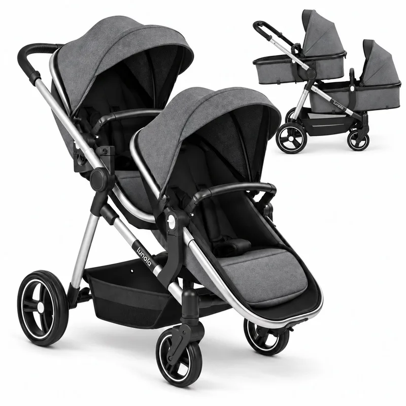 Noah Duo Kinderwagen - Dubbele Buggy voor Tweeling of Baby en Peuter - Afneembaar Zitje - Compact en Opvouwbaar - Donker Grijs de Lunola en Noah – Donker Grijs – photo produit