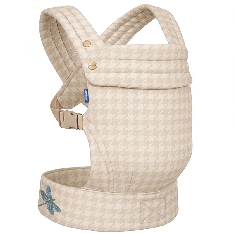 Baby carrier MILANO Daylight Sand - Premium Katoen - Draagzak Baby - Ergonomische Buikdrager en Rugdrager - OEKO-TEX® Katoen - Beige met Hanenvoet Patroon van Luvion in Beige (hanenvoet patroon) – productfoto