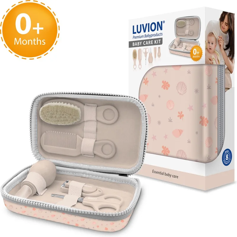 Baby Verzorgingsset - uitgebreide 8 delige geschenkset met baby verzorgingsproducten - Manicureset en nagelset met nagelknipper, nagelvijl en nagelschaartje - Borstel en kam voor de haarverzorging - Neuszuiger - Kraamcadeau Jongen van Luvion in Roze – productfoto