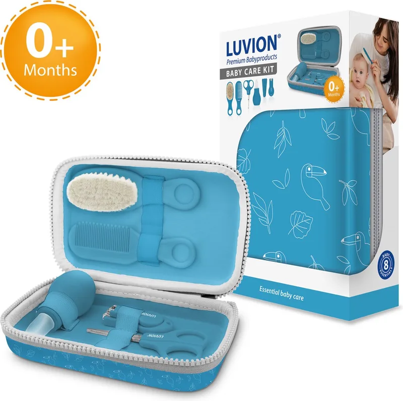 Baby Verzorgingsset - uitgebreide 8 delige geschenkset met baby verzorgingsproducten - Manicureset en nagelset met nagelknipper, nagelvijl en nagelschaartje - Borstel en kam voor de haarverzorging - Neuszuiger - Kraamcadeau Jongen van Luvion in Blauw – productfoto