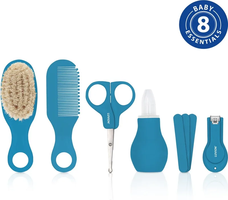 Baby Verzorgingsset - uitgebreide 8 delige geschenkset met baby verzorgingsproducten - Manicureset en nagelset met nagelknipper, nagelvijl en nagelschaartje - Borstel en kam voor de haarverzorging - Neuszuiger - Kraamcadeau Jongen by Luvion in Blue – product photo 3 of 4